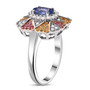 side view of tanzanite and multi color sapphire tri tone ring in rhodium over sterling silver