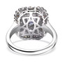 back view of tanzanite and multi color sapphire tri tone ring in rhodium over sterling silver
