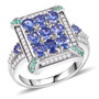 tanzanite paraiba tourmaline and diamond cluster ring in rhodium over sterling silver