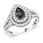 teal sapphire and moissanite pear double halo ring in rhodium over sterling silver