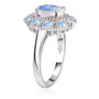 side view of rainbow moonstone apatite and zircon halo ring in rhodium over sterling silver