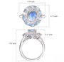 rainbow moonstone apatite and zircon halo ring in rhodium over sterling silver shown for size comparison