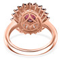 back view of rhodolite garnet and white zircon halo ring in 18k rose gold over sterling silver