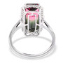full view of watermelon tourmaline and diamond emerald cut halo ring in 14k white gold