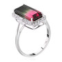 side view of watermelon tourmaline and diamond emerald cut halo ring in 14k white gold