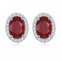 back view of red agate faceted oval halo stud earrings in rhodium over sterling silver