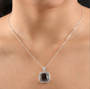 columbianite brown and white zircon double halo pendant neclace in rhodium over sterling silver worn around the neck