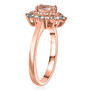side view of morganite blue apatite and zircon halo ring in 18k rose gold over sterling silver
