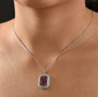 rubellite tourmaline and white zircon cluster halo pendant necklace in rhodium over sterling silver worn around the neck