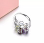 full view of multi gemstone large flower ring in rhodium over sterling silver