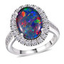 front view of australian boulder opal and lab diamond oval halo ring in solid 10k white gold