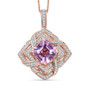 asscher cut kunzite and moissanite double halo pendant necklace in 18k rose gold over sterling silver