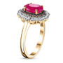 side view of ruby champagne and white diamond oval double halo ring in 10k yellow gold