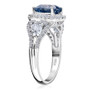 side view of lab blue heart and white diamond halo ring in 950 platinum