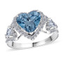 lab blue heart and white diamond halo ring in 950 platinum