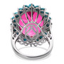 full view of pink quartz triplet and turquoise halo cocktail ring in rhodium over sterling silver