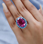 pink quartz triplet and turquoise halo cocktail ring in rhodium over sterling silver worn on a hand
