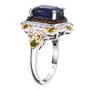side view of sapphire (ff) and multi gemstone regal halo ring in 18k yellow gold and rhodium over sterling silver