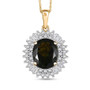 moldavite and moissanite oval double halo pendant necklace in 18k yellow gold over sterling silver