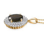 side view of moldavite and moissanite oval double halo pendant necklace in 18k yellow gold over sterling silver