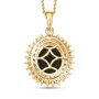back view of moldavite and moissanite oval double halo pendant necklace in 18k yellow gold over sterling silver