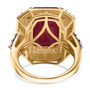 full view of ruby (ff) white and brown zircon emerald cut double halo ring in 18k yellow gold over sterling silver