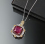 ruby (ff) and multi gemstone regal halo necklace in 18k yellow gold and rhodium over sterling silver shown in a lifestyle photo