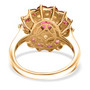 back view of rhodolite garnet and ethiopian opal double halo ring in 18k yellow gold over sterling silver