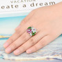 rhodolite garnet opal and chrome diopside floral cluster ring in rhodium over sterling silver worn on a hand