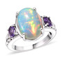 ethiopian opal and purple sapphire three stone ring in rhodium over sterling silver