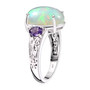side view of ethiopian opal and purple sapphire three stone ring in rhodium over sterling silver