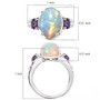 ethiopian opal and purple sapphire three stone ring in rhodium over sterling silver shown for size comparison