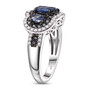side view of ceylon blue sapphire and zircon trilogy double halo ring in rhodium over sterling silver