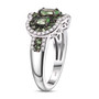 side view of tsavorite garnet and zircon trilogy double halo ring in rhodium over sterling silver