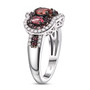 side view of rubellite tourmaline and zircon trilogy double halo ring in rhodium over sterling silver