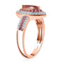 side view of pink tourmaline pink sapphire and zircon marquise halo ring in 18k rose gold over sterling silver