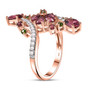 side view of rhodolite garnet chrome diopside and white zircon bypass ring in 18k rose gold over sterling silver