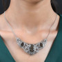 chocolate sapphire and smoky quartz bib necklace in rhodium over sterling silver worn around the neck