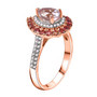 side view of kunzite rubellite tourmaline and zircon double halo ring in 18k rose gold over sterling silver