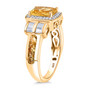 side view of heliodor and moissanite halo ring in 18k yellow gold over sterling silver
