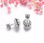full view of ethiopian opal and garnet halo stud earrings in rhodium over sterling silver