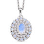 rainbow moonstone and zircon double halo pendant necklace in rhodium over sterling silver
