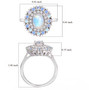 rainbow moonstone and zircon double halo ring in rhodium over sterling silver shown for size comparison