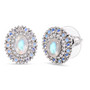 rainbow moonstone and zircon double halo stud earrings in rhodium over sterling silver