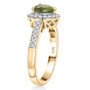 side view of sapo green tourmaline and diamond heart halo ring in solid 10k yellow gold