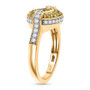 side view of demantoid garnet and moissanite framed halo ring in 18k yellow gold over sterling silver