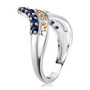 side view of blue sapphire chevron ring in 18k yellow gold and rhodium over sterling silver