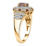 side view of purple spinel rhodolite and moissanite regal double halo ring in 18k yellow gold over sterling silver