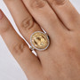 heliodor yellow sapphire and moissanite halo ring in 18k yellow gold over sterling silver worn on a hand