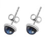 side view of round blue star sapphire stud earrings in rhodium over sterling silver